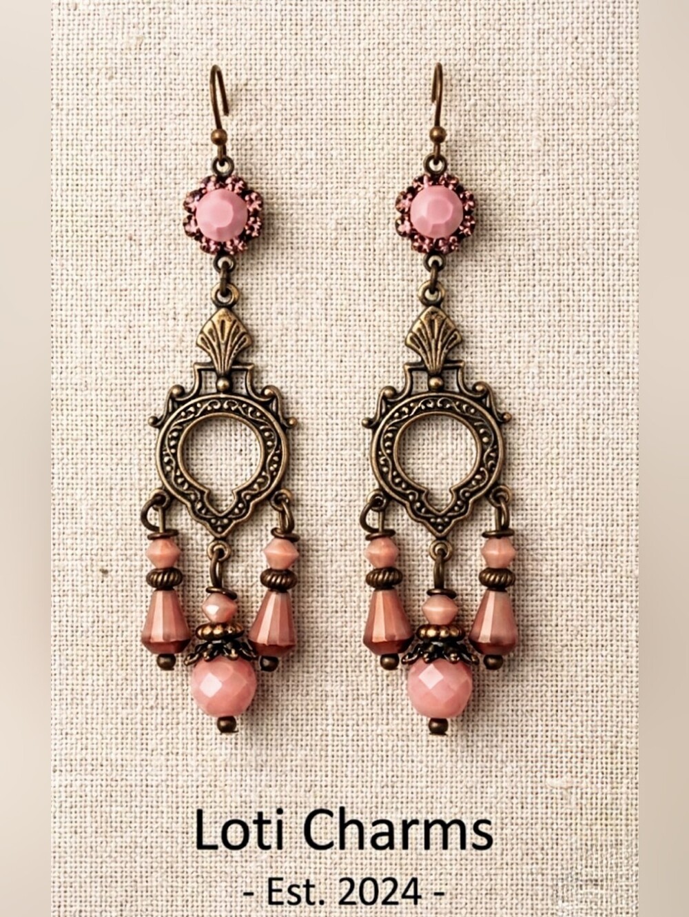 Pink Matte Victorian Three Strand Chandelier Crystal & Glass In Brass Earrings